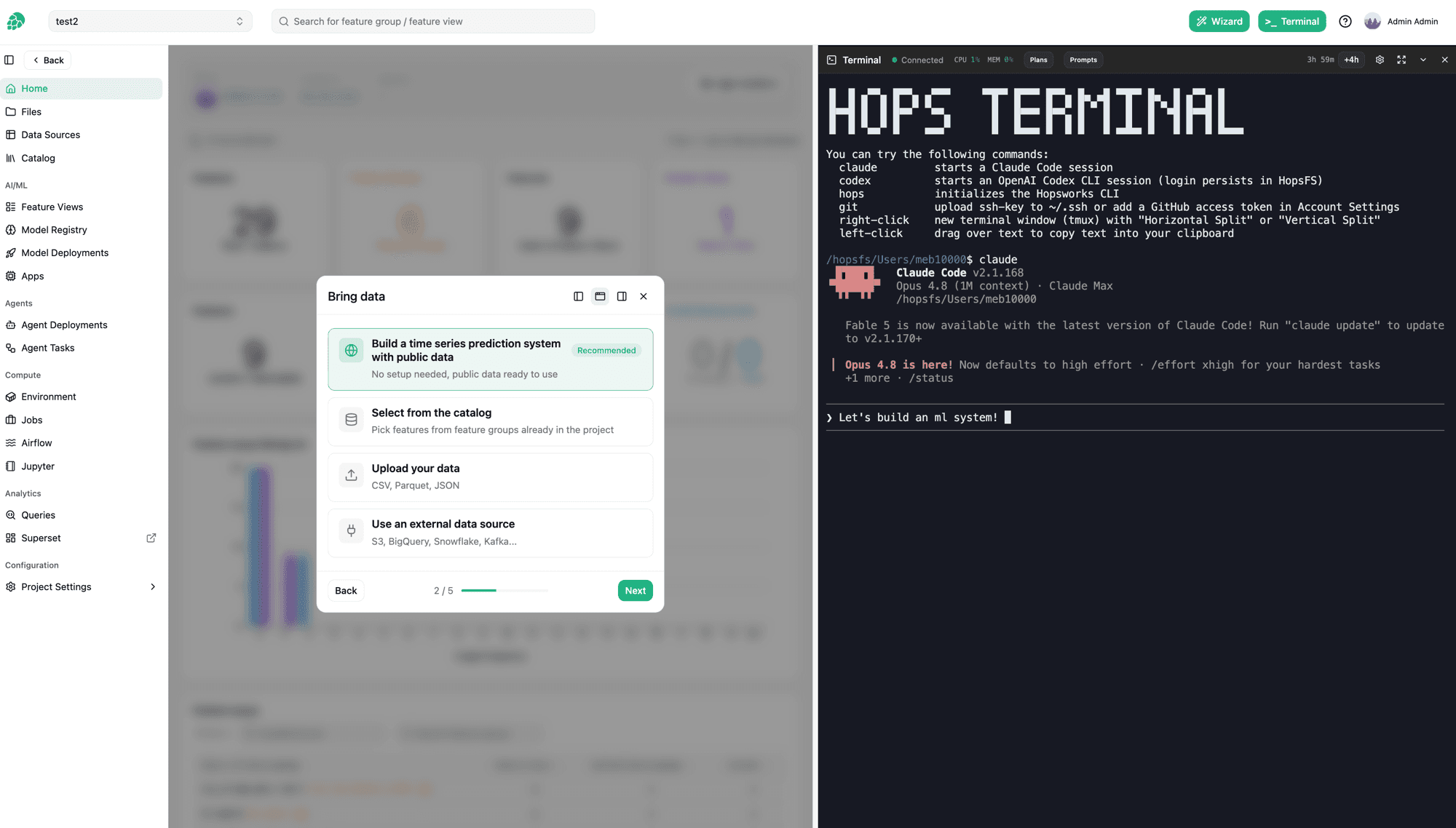 Hopsworks 5.0: the build wizard next to Claude Code in the Hops Terminal