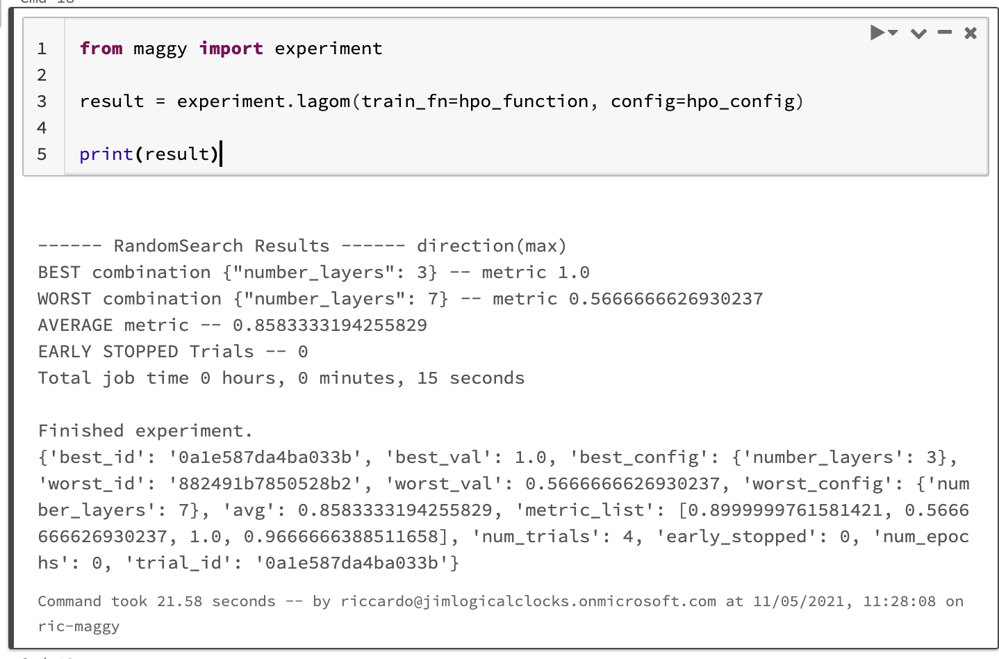 Maggy HPO summary output showing best hyperparameter configuration results