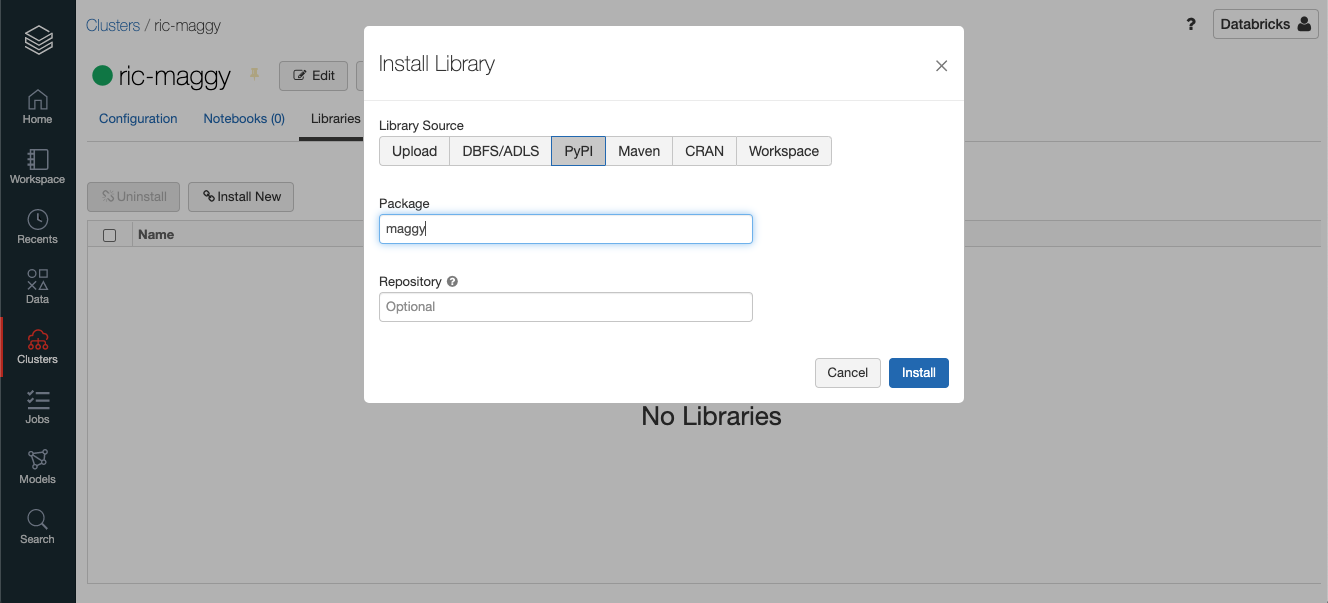 Databricks cluster libraries page showing Maggy package installation from PyPi