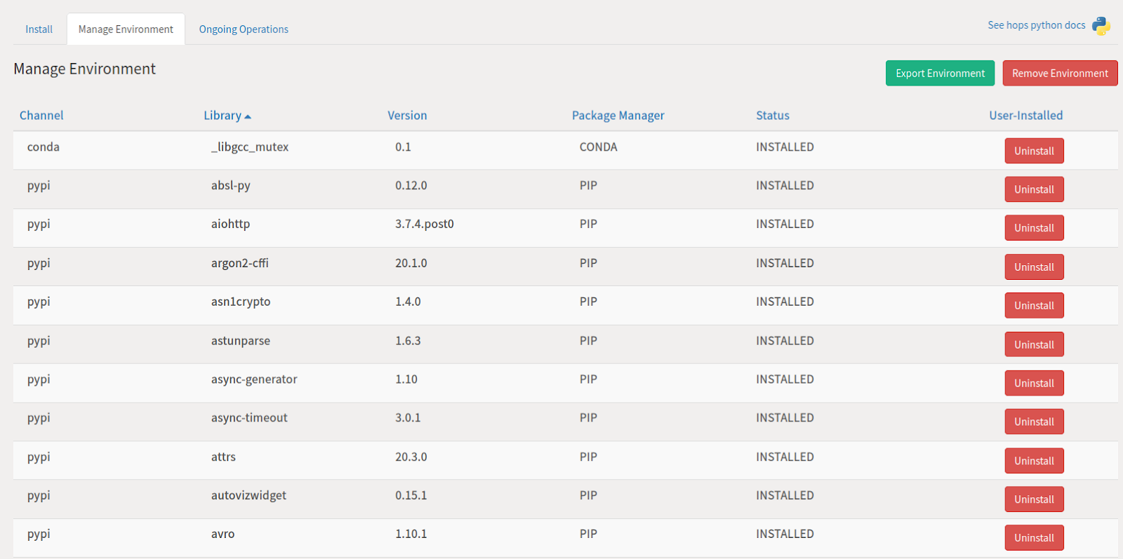 Manage Environment tab showing installed Python libraries