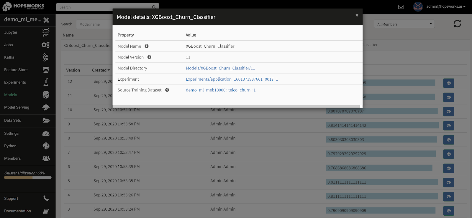 Hopsworks Model Registry UI with model versions and metrics
