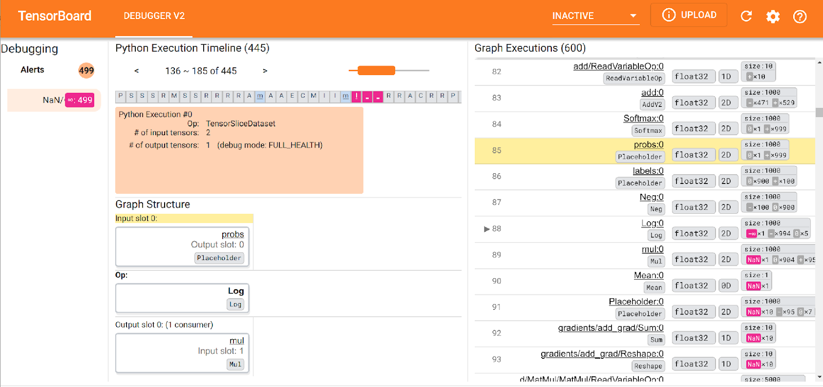 TensorFlow Debugger V2 interface for debugging NaN issues