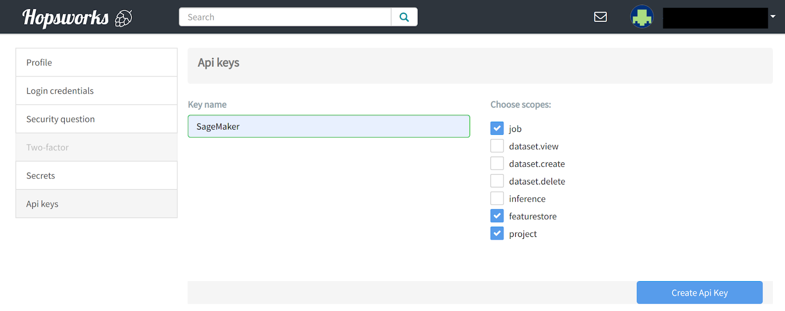 Hopsworks user settings page showing API key generation interface