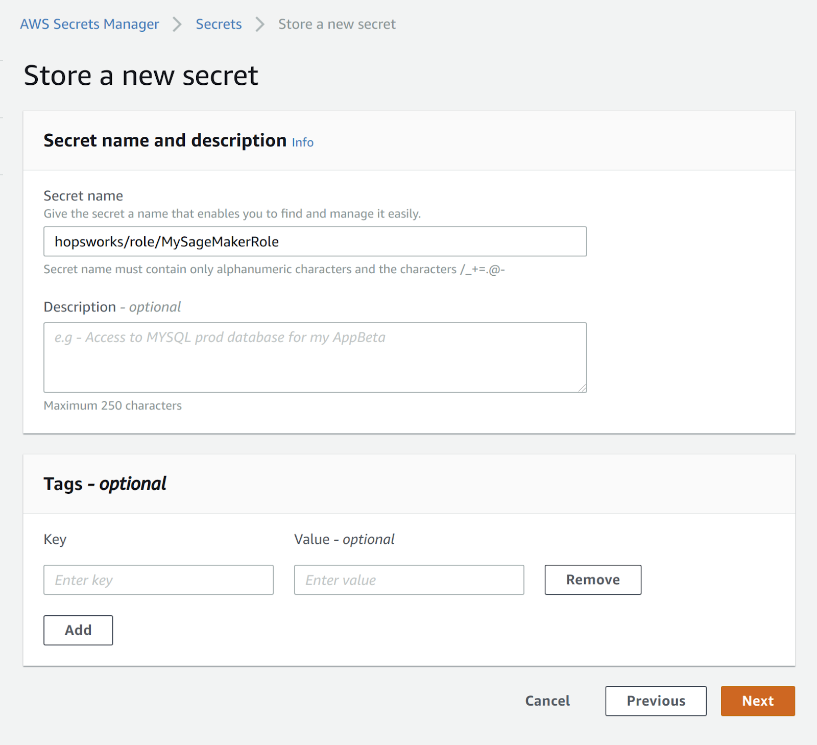 AWS Secrets Manager secret key-value pair configuration