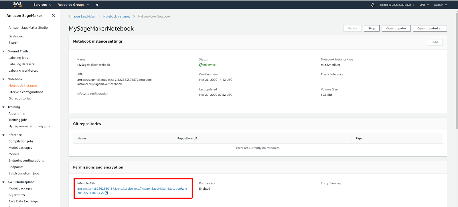AWS SageMaker notebook IAM role configuration page
