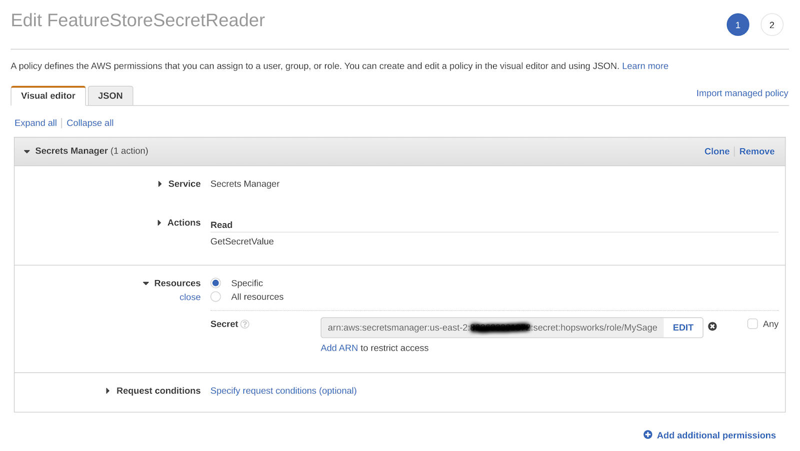 AWS IAM inline policy configuration for Secrets Manager read access