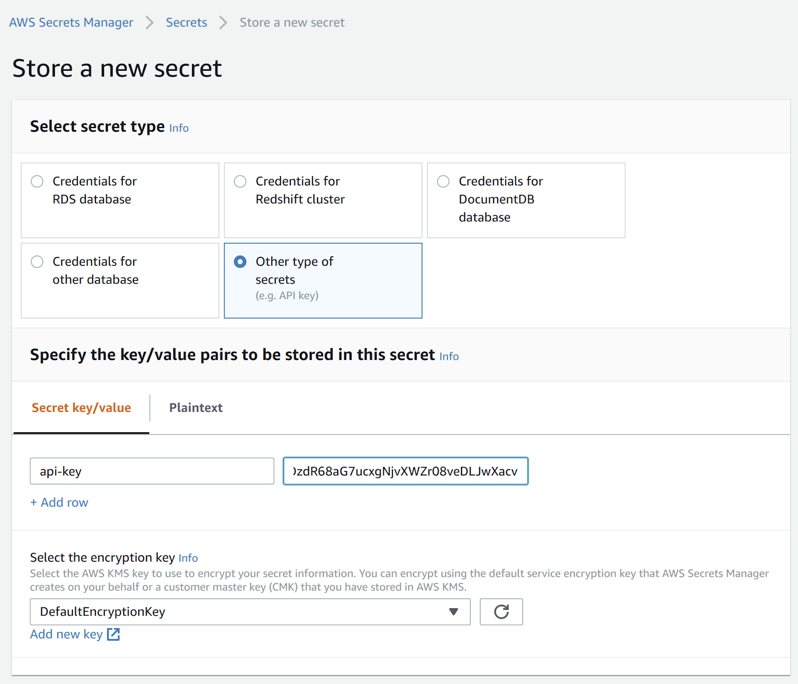 AWS Secrets Manager interface for creating a new secret with API key