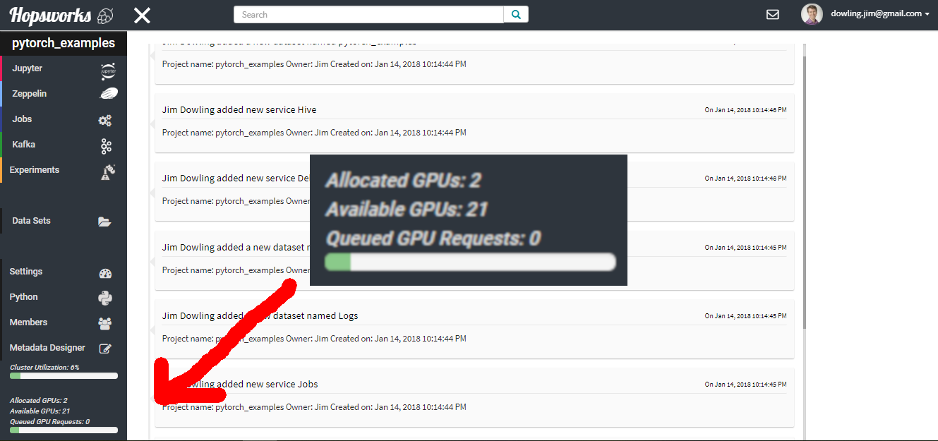 Hopsworks UI showing available GPU resources in the cluster