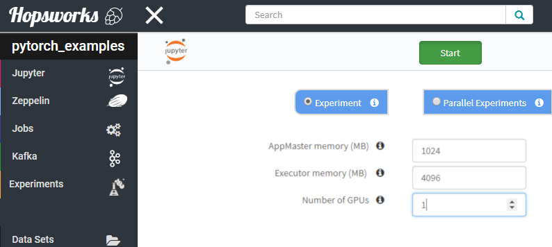 Hopsworks interface for configuring GPU count and memory allocation for jobs