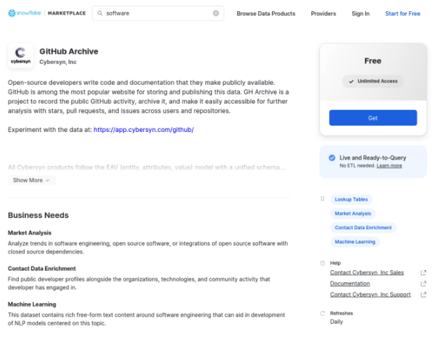 Snowflake Marketplace listing for GitHub Archive dataset