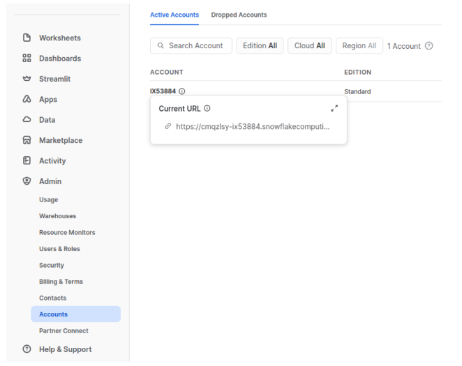 Snowflake Admin Accounts page showing connection URL