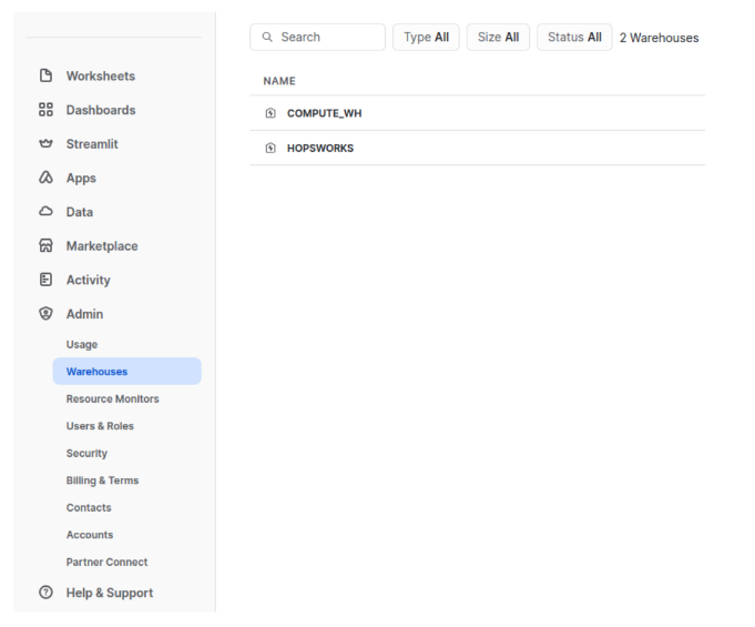 Snowflake Admin Warehouses page with warehouse name