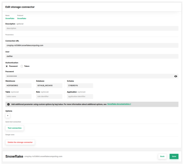 Hopsworks storage connector configuration for Snowflake