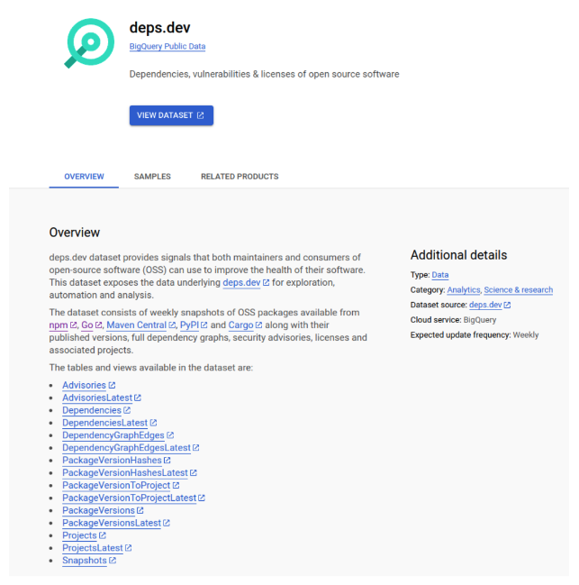 Google Cloud Marketplace listing for deps.dev dataset