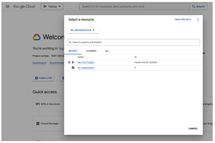 Google Cloud project selector showing project ID
