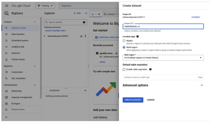 BigQuery Studio create dataset dialog with US multi-region