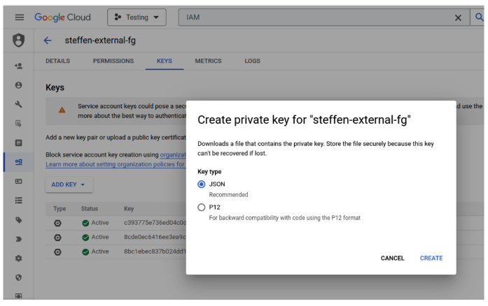 Google Cloud IAM service account key creation dialog
