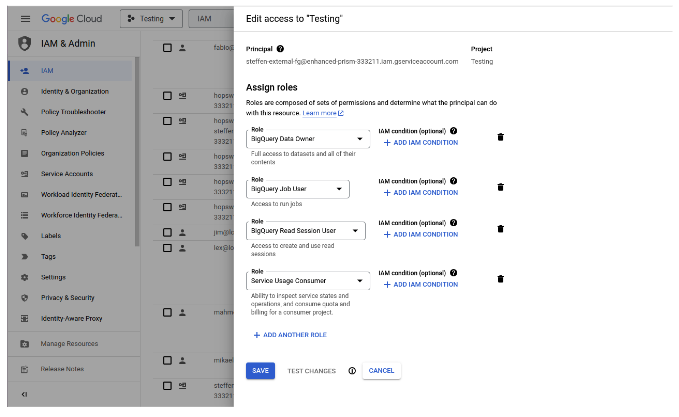 Google Cloud IAM roles assignment for BigQuery access