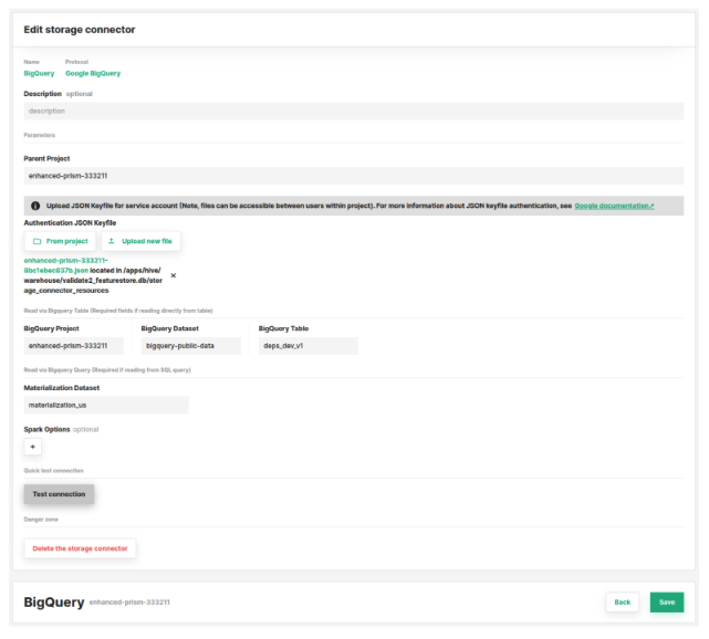 Hopsworks storage connector configuration for BigQuery