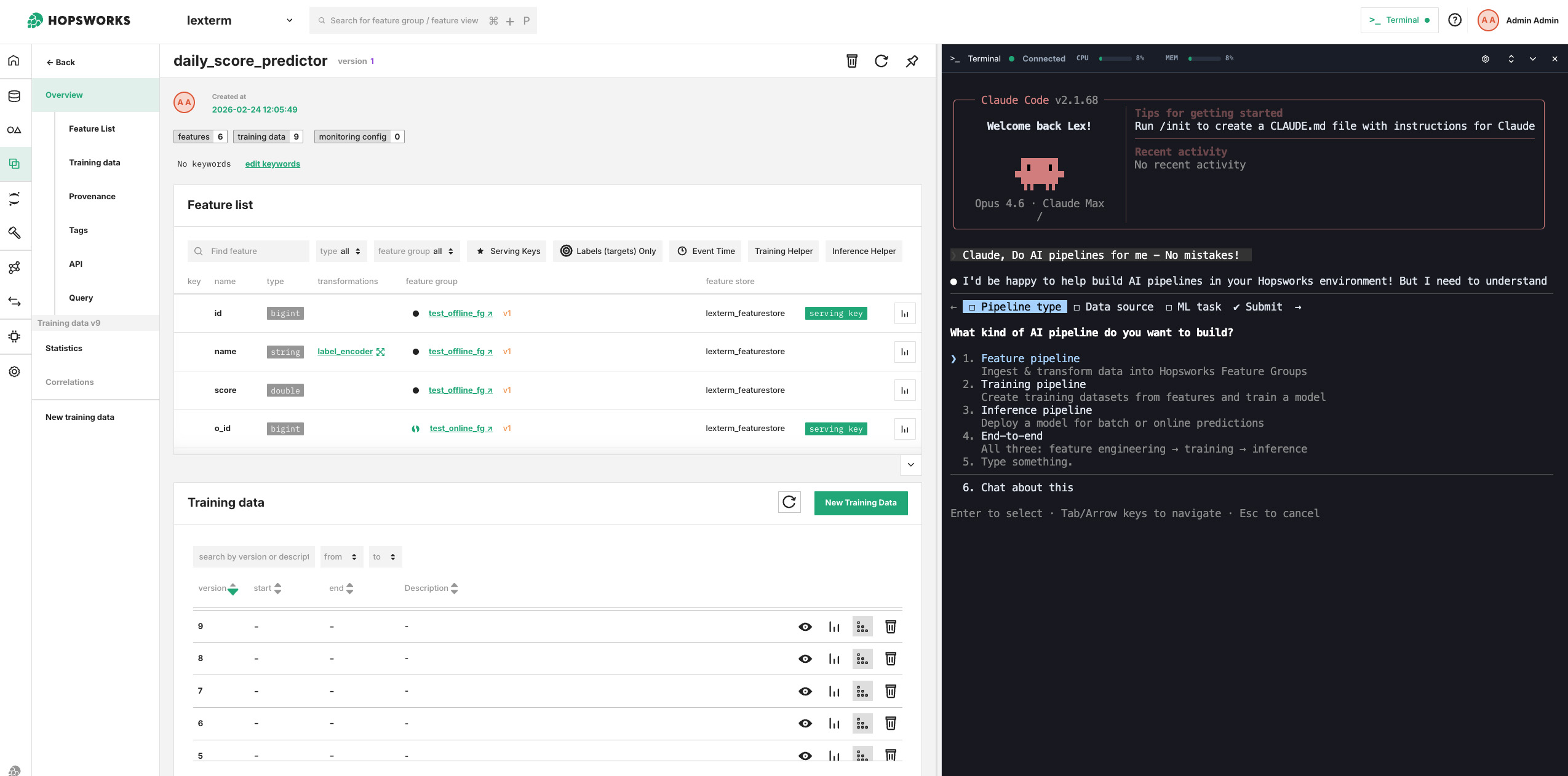 Hopsworks Shell interface using Claude for building ML pipelines