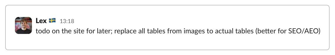 Slack message about replacing image tables