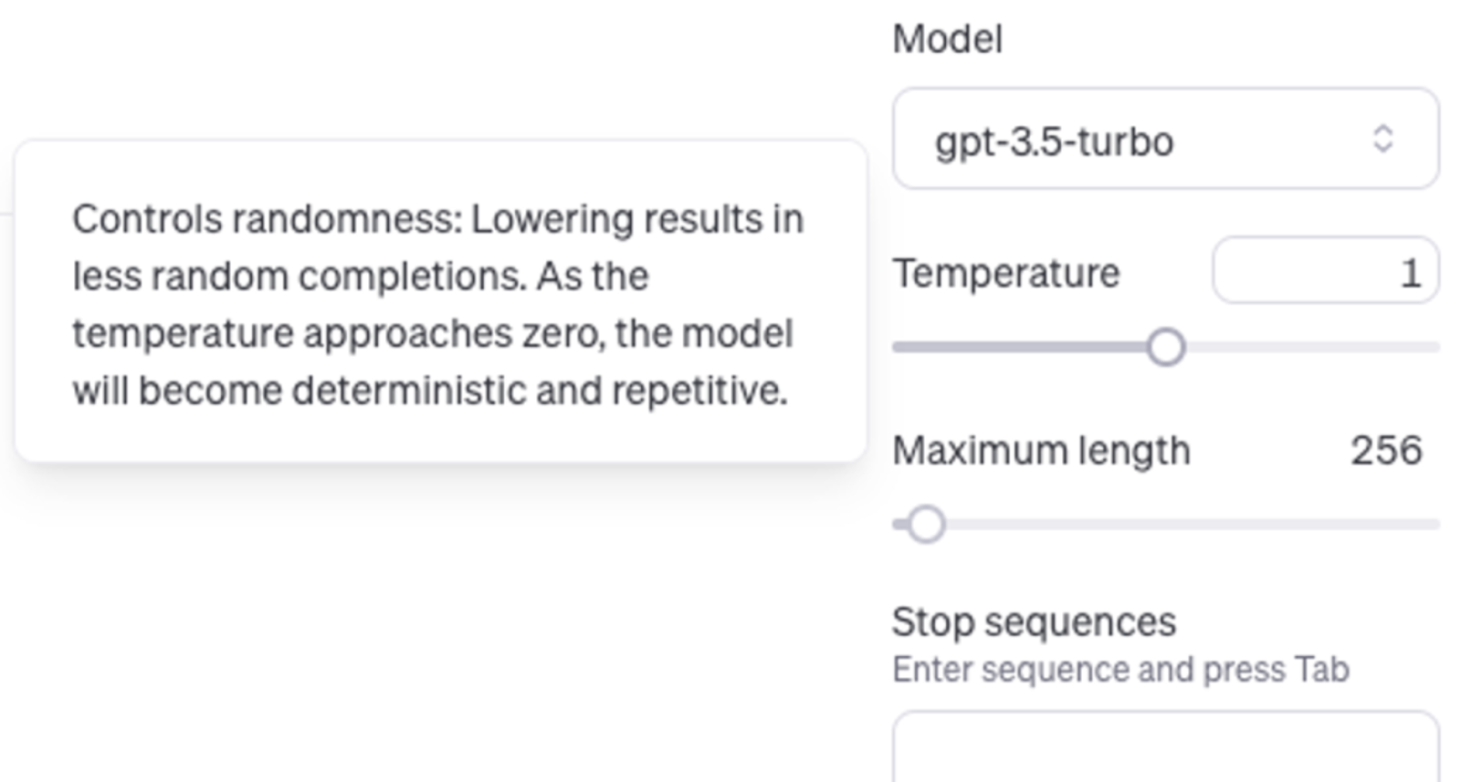 ChatGPT playground interface showing temperature slider adjustment
