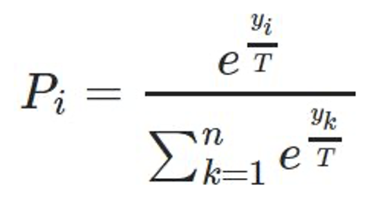 Softmax function formula with temperature parameter for LLM output